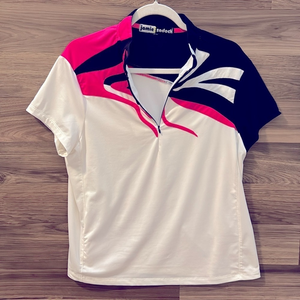 Jamie Sadock 1/4 Zip White Black Hot Pink Abstract Short Sleeve Golf Polo L